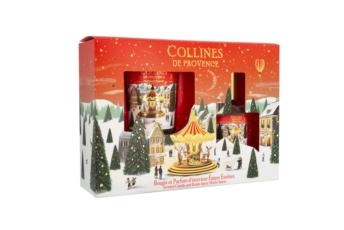Collines de Provence Noël Gewürzsterne Geschenke-Set Raumspray 50ml + Kerze 75g