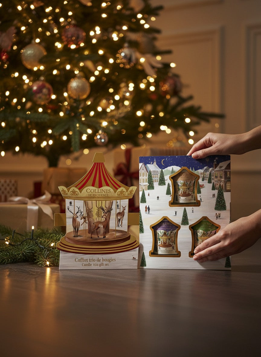 Collines de Provence Noël Geschenke-Set 3 Kerzen Tannenwald + Mandarine Feige + Mandelkrokant