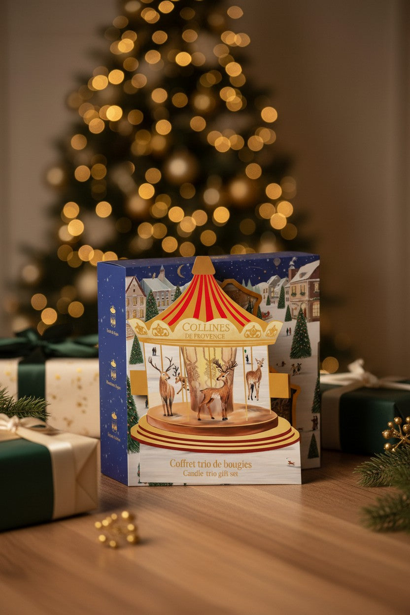 Collines de Provence Noël Geschenke-Set 3 Kerzen Tannenwald + Mandarine Feige + Mandelkrokant